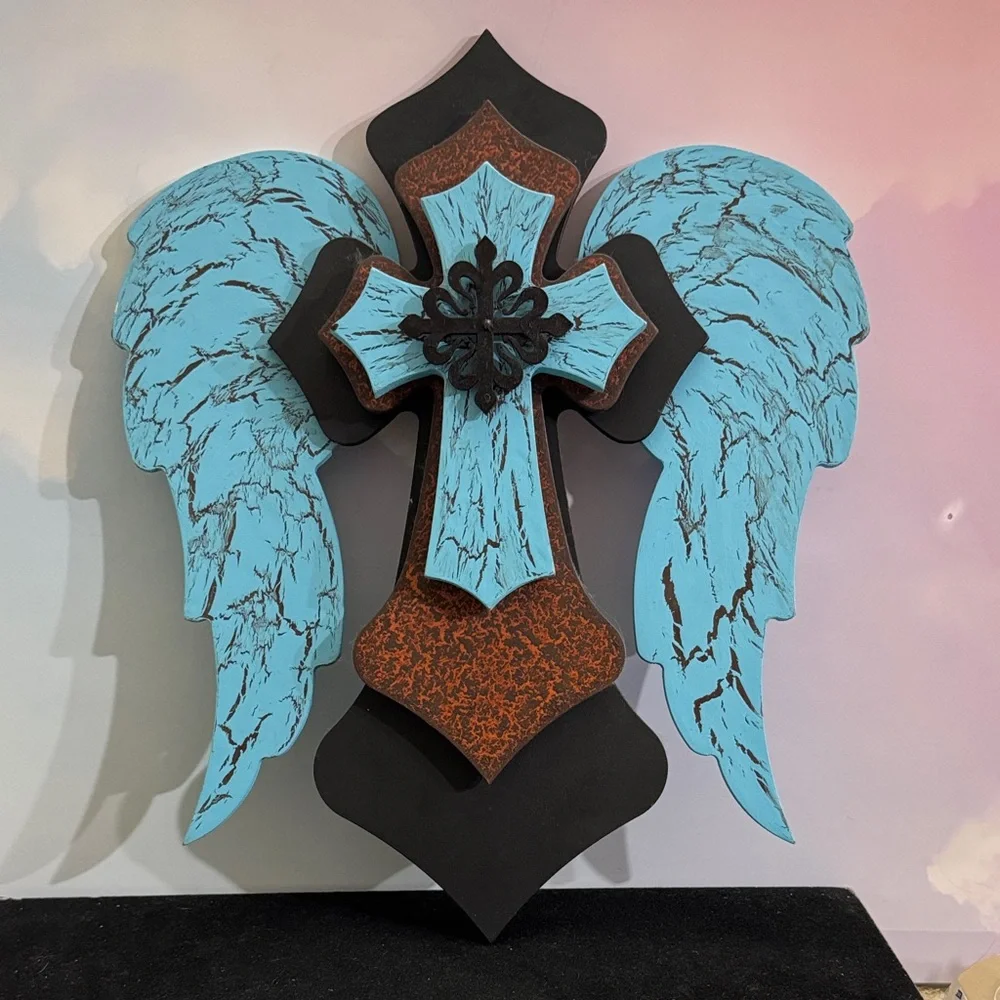 Wooden Angel Wings Cross Blue, Brown and Black Cross With Wings Wall Decor